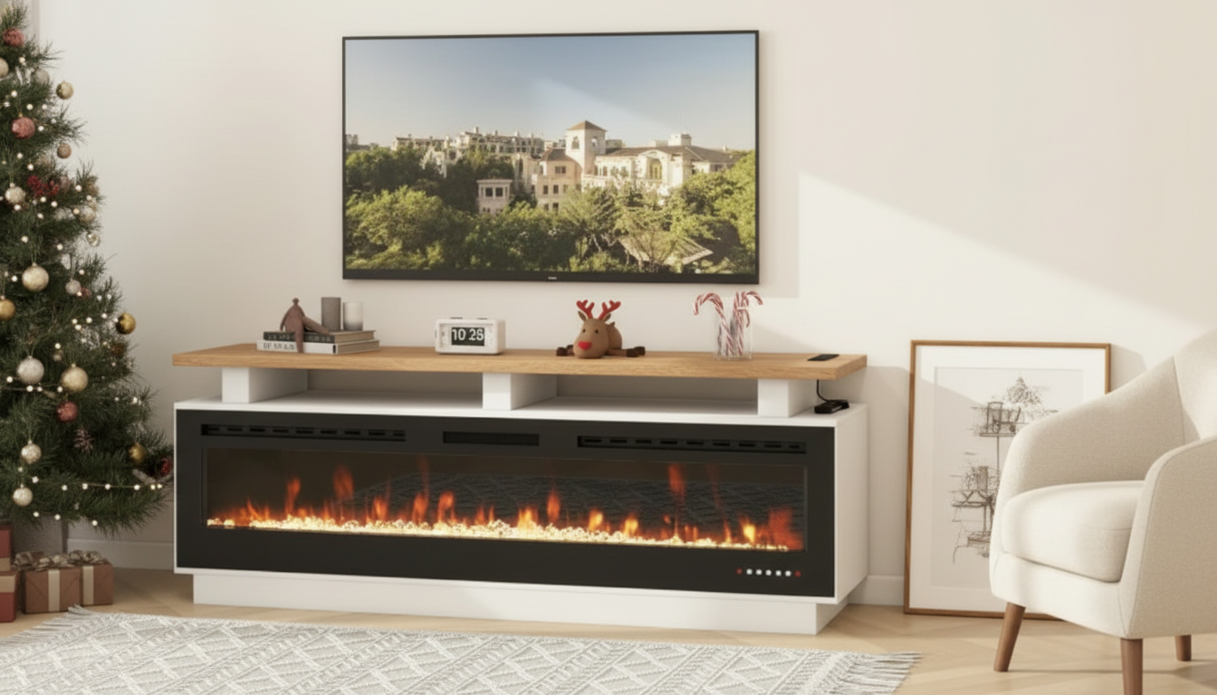 70-Inch Electric Fireplace TV Stand With Wood Mantel