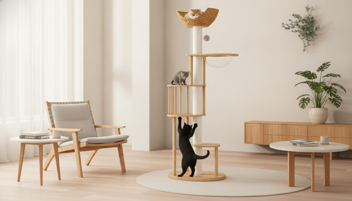 Solid Wood Multi-Tier Cat Tree with Bed & Sisal Scratcher
