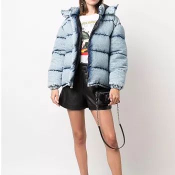Miu Miu Denim Down Puffer: Removable Hood, Cinched Waist